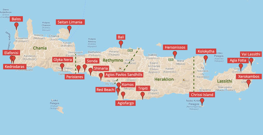 Landkarte der Strände auf Kreta (c) Google Maps - weltvermessen.de Landkarte der Strände auf Kreta - weltvermessen.de